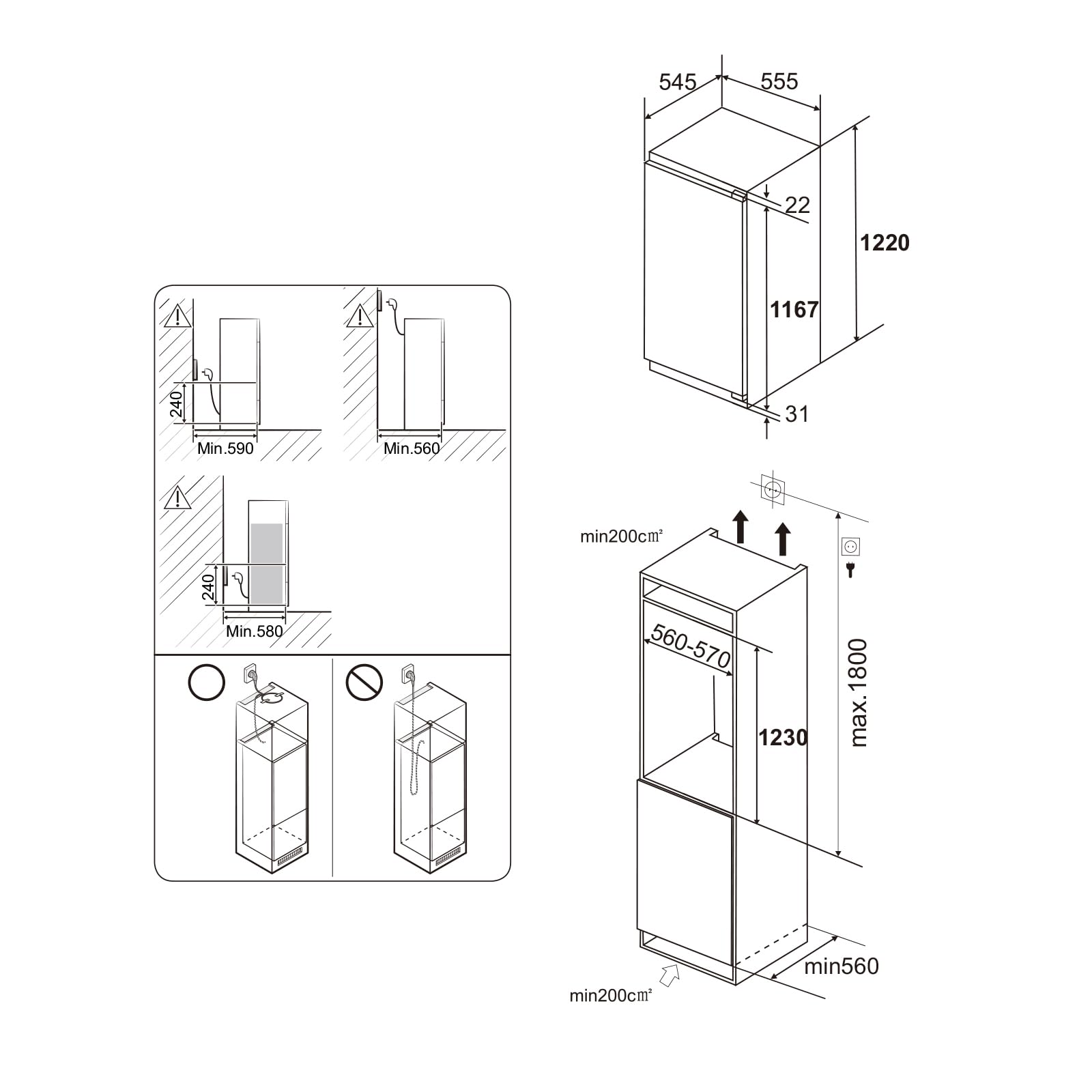 Frigo encastrable 122 cm Réfrigérateur congélateur intégrable 1 porte Réversible | 188L (16L congelateur / 172L refrigerateur) 【 Efficacité énergétique | Ultra silencieux | Est facile à Nettoyer 】