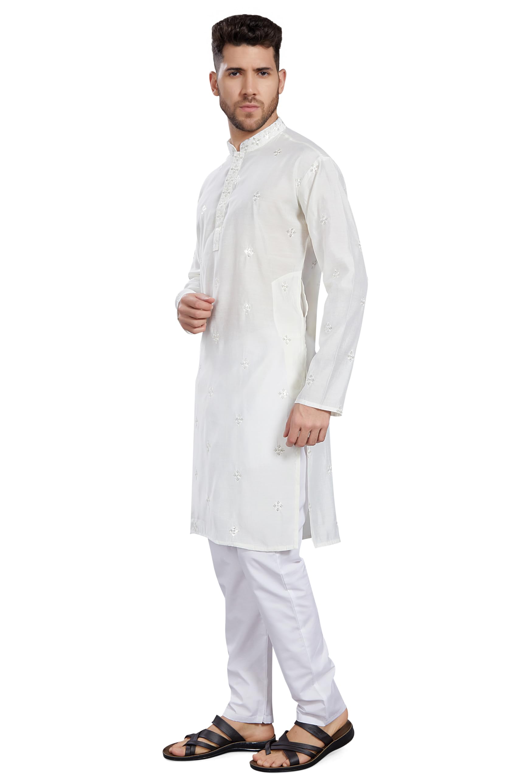 Divisive Men's Embroidered Silk Blend Only Slim Fit Kurta (Dkrt823_S_Cream)