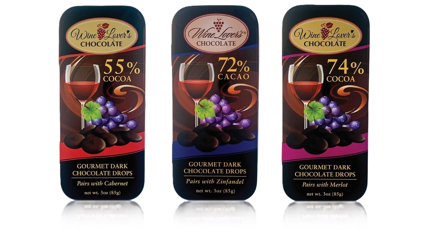 Wine Lover's Chocolate 3-Tin Gift Set, Pair with Cabernet, Merlot, Zinfandel, 10.5-Ounce Gift Set