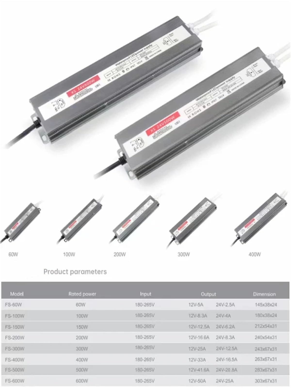 Alimentatore for driver LED da esterno impermeabile IP67 AC175-265V a DC 12V 24V(100Watts,DC24V)