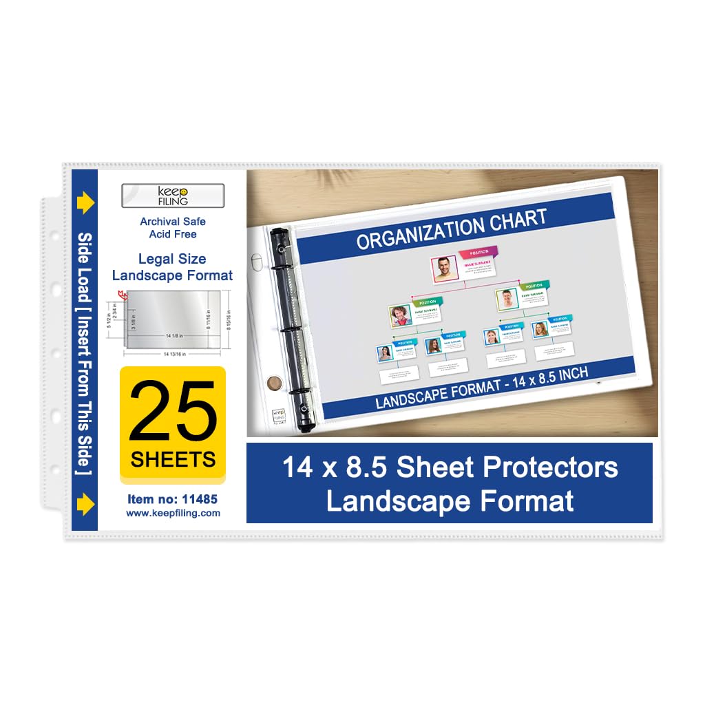Landscape 14 x 8.5 Legal Size Sheet Protectors, Side Load, Extra Heavyweight; 3.9 Mil/ 100 Micron, Glass Clear, Archival Safe & Acid Free, Ship Flat