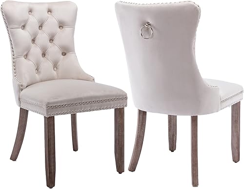 Juego de 2 sillas de comedor de terciopelo beige, sillas de comedor tapizadas con anillo trasero y patas de madera maciza, sillas de cocina con Juego de 2 sillas de comedor de terciopelo beige, sillas de comedor tapizadas con anillo trasero y patas de madera maciza, sillas de cocina con