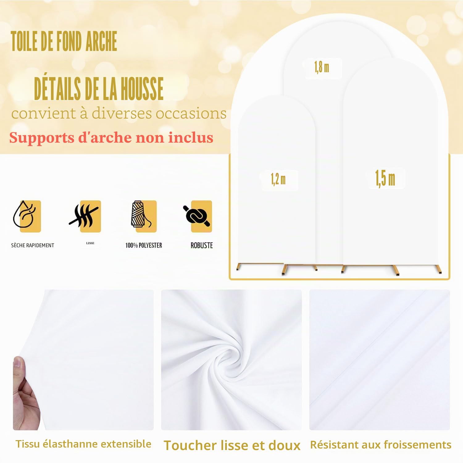 FUHSY Lot de 3 couvertures d'arc en spandex pour mariage, 1,2 m, 1,5 m, 1,8 m, arc blanc, couverture élastique pour fête d'anniversaire, mariage