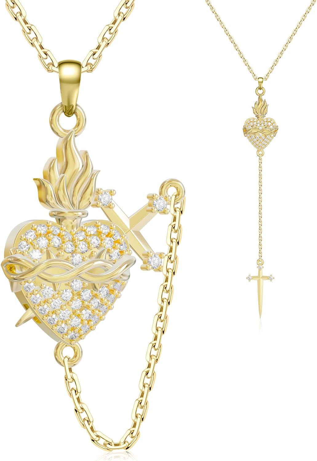 Gold Sacred Heart of Jesus Necklace 925 Sterling Silver Sacred Heart Necklace with Sword/Red Cubic Zirconia Thorn Christian Religious Jewelry Christmas Gifts for Women