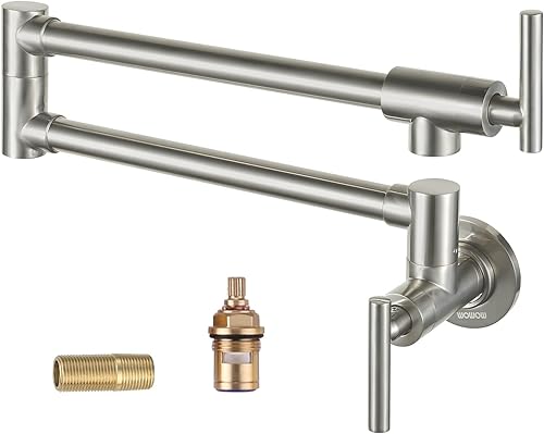 Miniatura 8 de WOWOW Grifo de llenado de ollas de níquel pulido, grifo de estufa comercial de montaje en pared, grifo plegable de latón para colocar sobre la