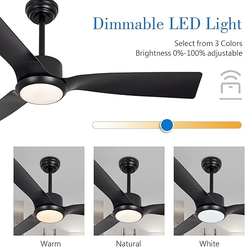 Miniatura 3 de VACILL Ventilador de techo negro con luces y mando a distancia de 52 pulgadas para motor CC para exteriores e interiores 6 niveles de velocidad LED