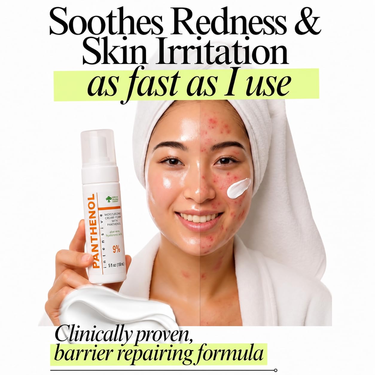 9% Panthénol Spray Moussant & Crème Vitamine B5 pour Peau Sensible - Hydrate & Apaise Après Soleil, Greffe de Cheveux, Soin Tattoo, Érythème Fessier & Rougeurs