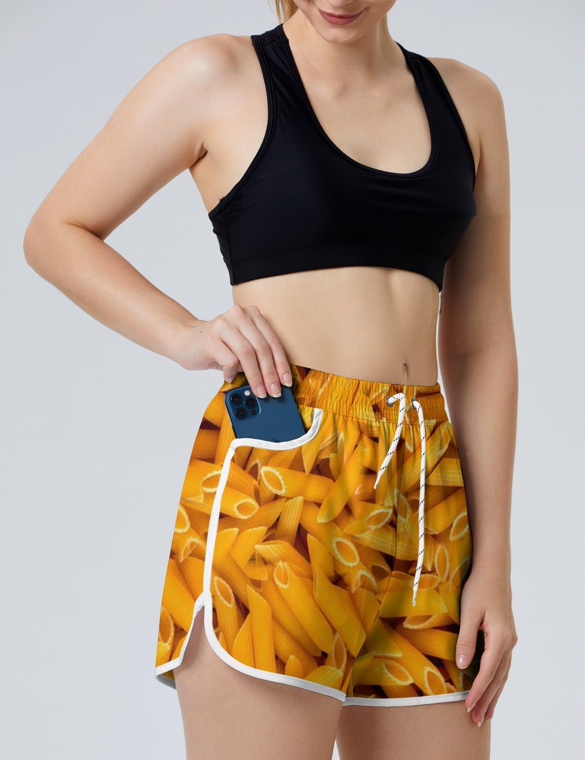 AYUNIX Women's Running Shorts with Pockets Quick Dry Performance Shorts for Women Chees Macaroni Athletic Workout Gym Shorts White