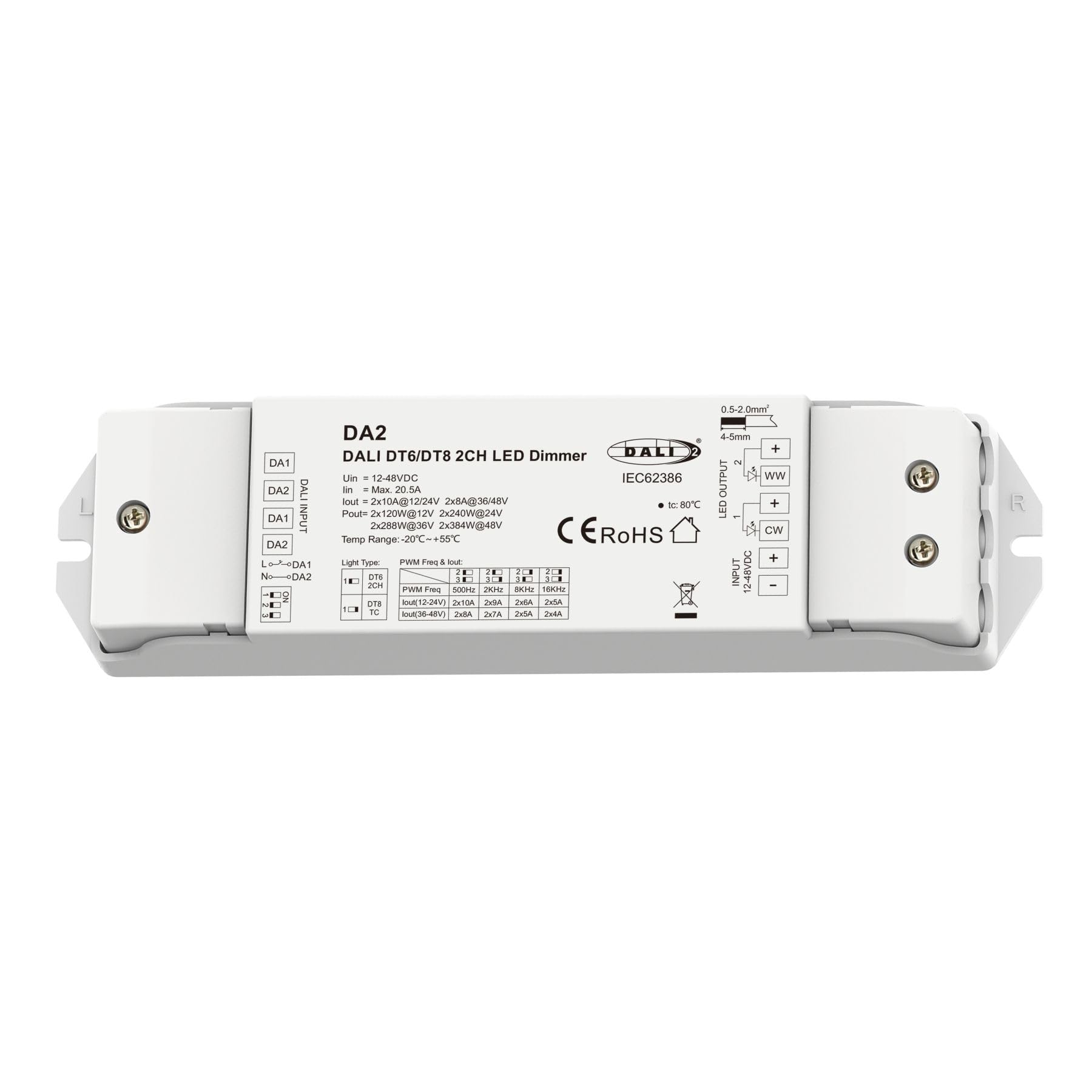 DALI - Regulador LED de 2 canales, regulable con botón NO, AC Push Dim, DALI-2, PWM, DT6 DT8 para tira LED monocolor CCT 12 V 24 V 36 V 48 V, 2 x 10 A @ 12 V/24 V, 2 x 8 A @ 36 V/48 V