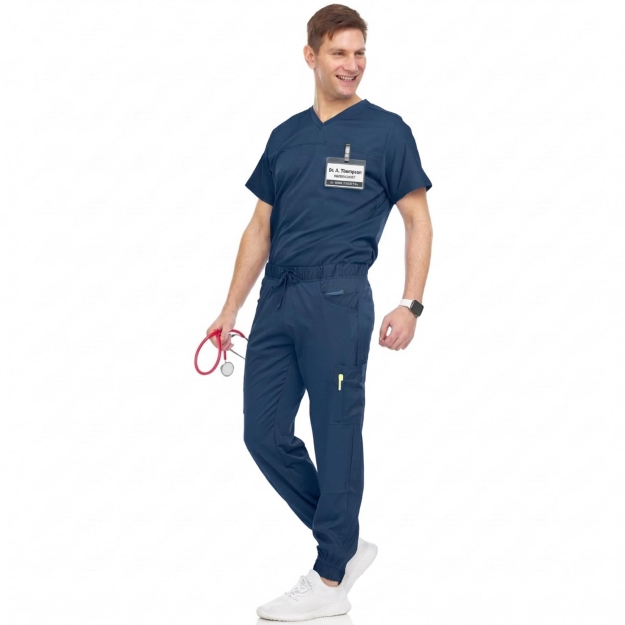 Men's Workwear Stretch V-Neck Scrub Joggers Set with Seven-Pocket Pants, Available in 6+ Colors