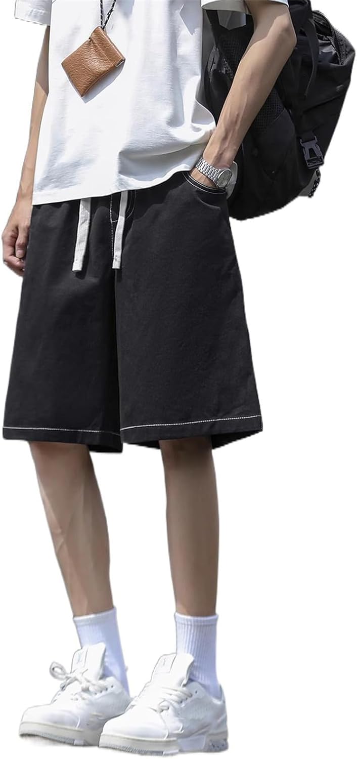 Men's Shorts Embroidered Workwear Summer American Style Loose Fit Straight Leg Pants for Men-Black-Medium