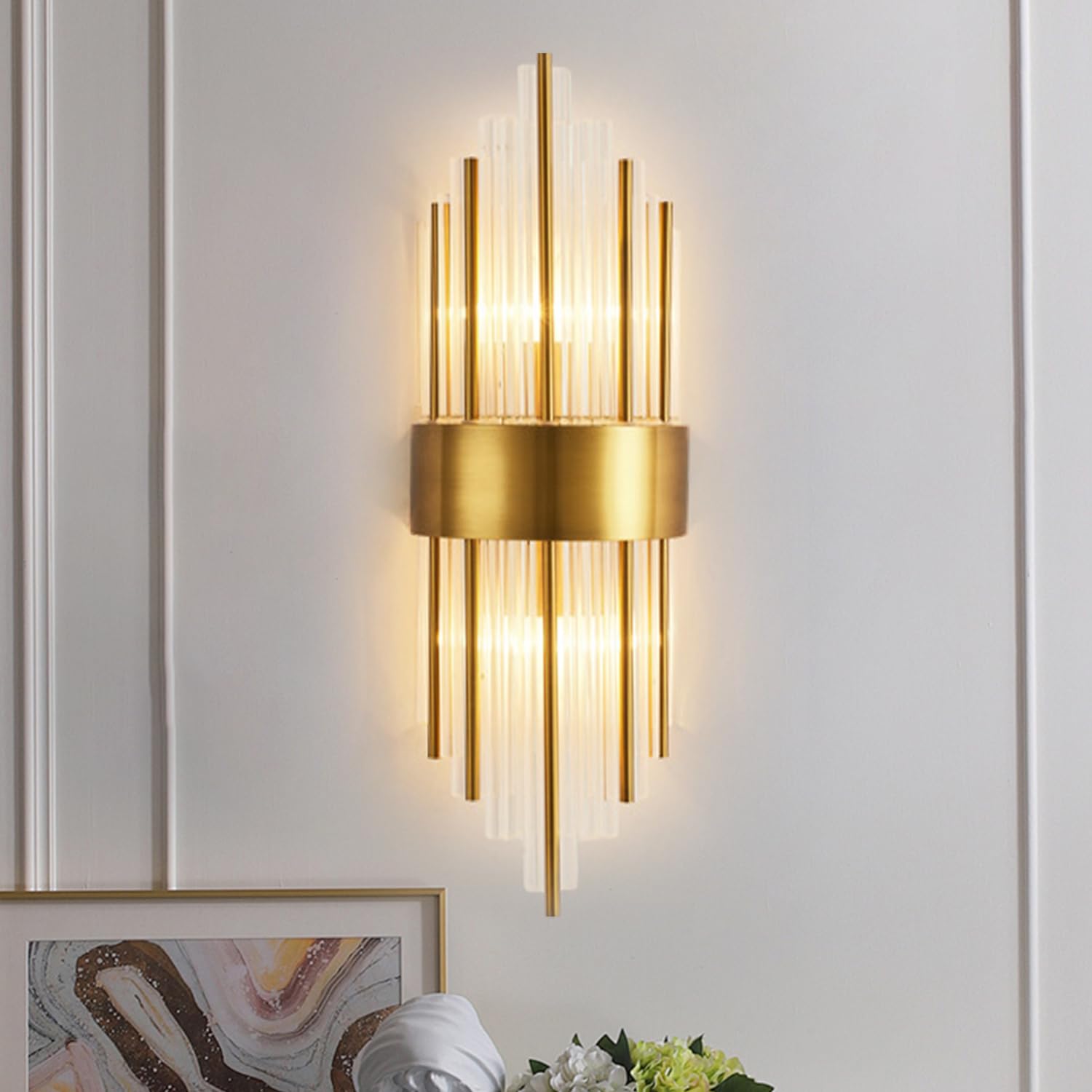 Lampada a Muro Design Tubo di Vetro, Applique Oro Vetro E14, Lampada Vintage, Applique da Parete Interno Moderno Classico per Camera da Letto Comodino