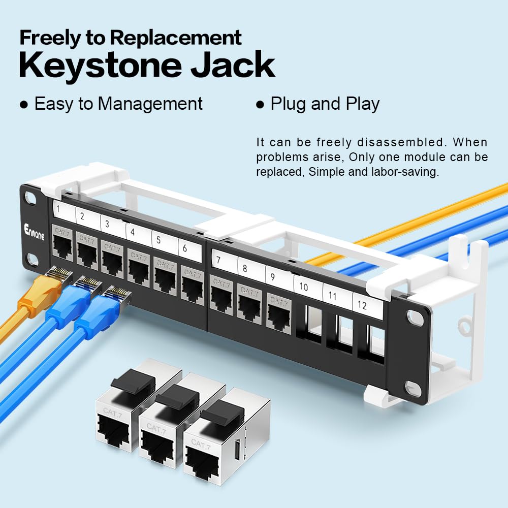 Panneau de brassage 12 ports CAT6 Support mural de 25,4 cm inclus pour câblage Cat6, Cat5e, Cat5 (CAT7)