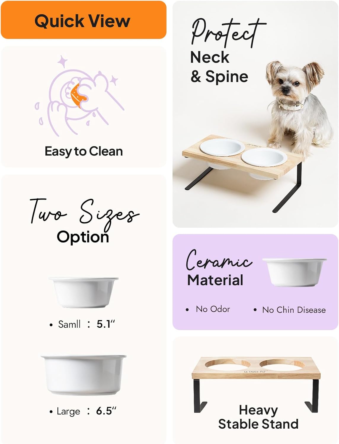 Elevated Dog Bowls, Raised Dog Bowl Stand with Two 5.1 inch Ceramic Bowls, Non-Slip Cat Food and Water Dish for Small and Medium Breed, White - Image 6