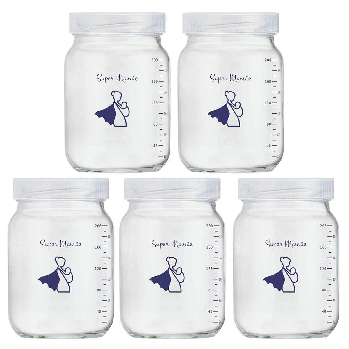 Kit 5 Potes de Vidro 200ml para Leite Materno