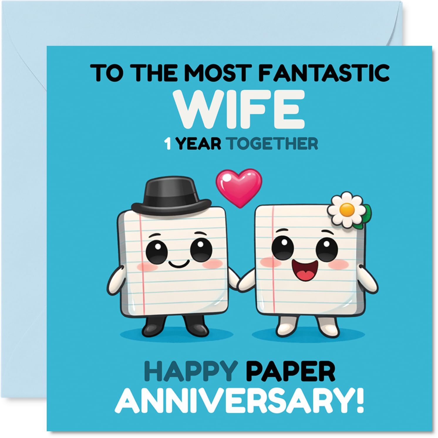 Cute 1st Anniversary Card for Wife - Adorably Playful First Paper Anniversary - Cartoon Couple Design with Pops of Blue and Pink - 145mm Square, Envelope Included
