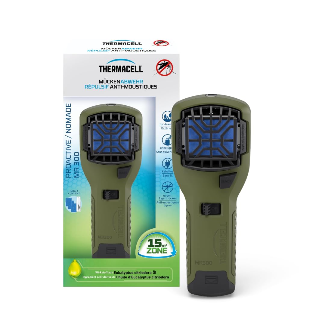 THERMACELL Diffuseur Anti Moustiques Portable Nomade - 15m² - 12h - Vert | Répulsif - Inodore - 1 Cartouche Gaz + 3 Plaquettes - THNATNOMADVERT