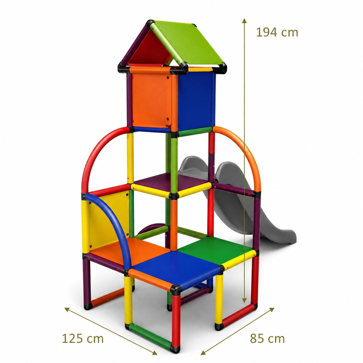 Move and Stic Toni Kletterturm mit Rutsche & Dach, Bunter Spielturm für Kinder, Indoor & Outdoor, Erweiterbares Stecksystem, UV-beständig, TÜV/GS geprüft, EN 71, ca. 225 x 125 x 194 cm