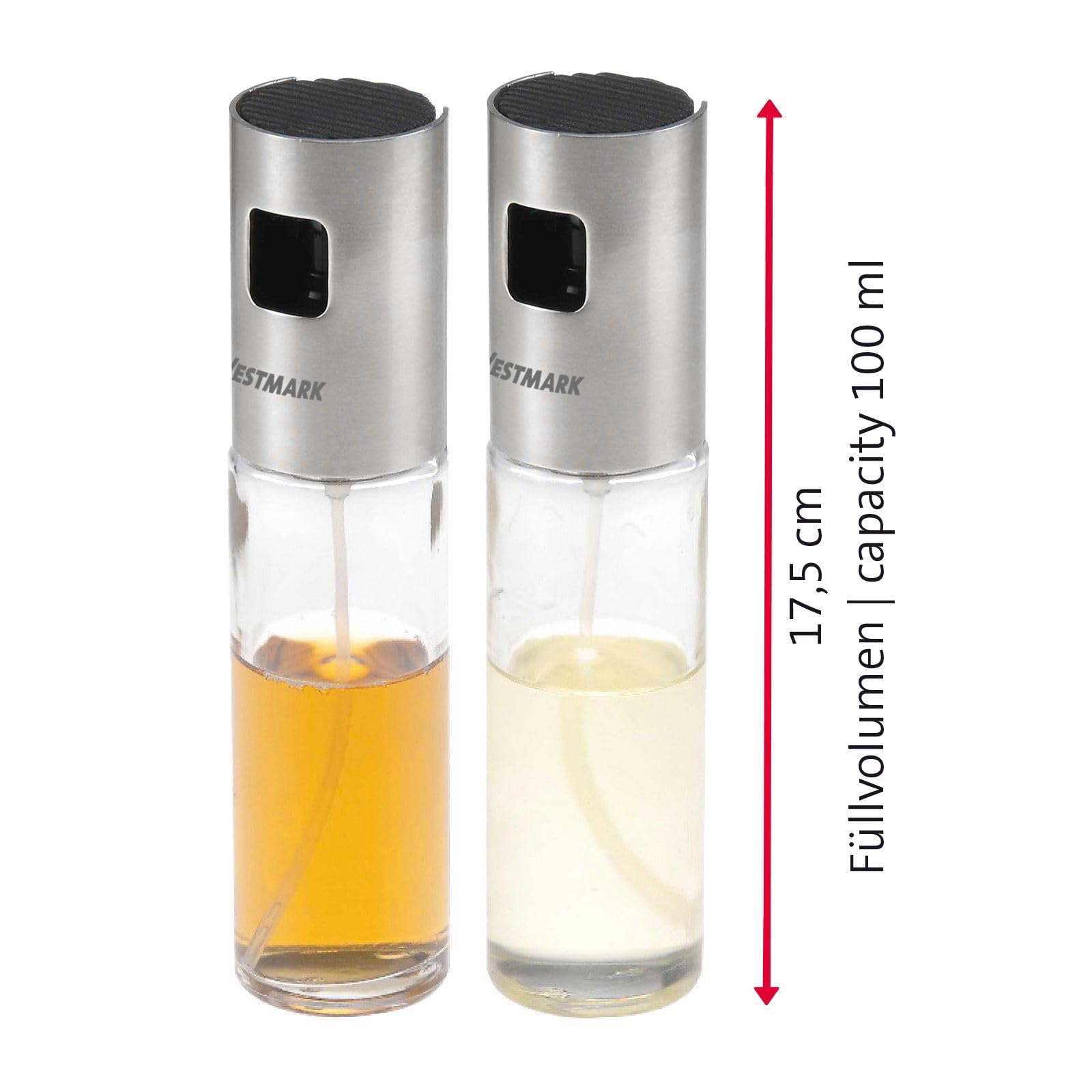 Westmark Set con spruzzini per olio e aceto, Con pompa spray, Capacità: 100 ml l'uno, Altezza: 18 cm, Acciaio inox/Vetro, Colore: Argento/Trasparente, 24362260