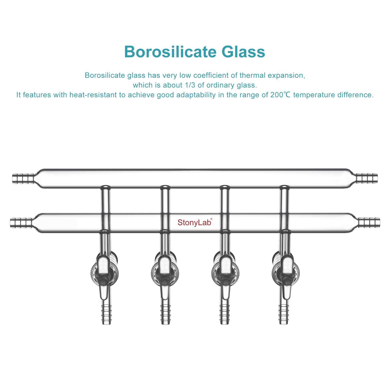 stonylab Collecteur à Double Vide en Verre, Verre Borosilicaté Collecteur à Double Banque de Gaz Sous Vide avec 4 Ports et 4 Stopcocks en Verre Gaz Sous Vide Distributeur pour Laboratoire Schlenk Line