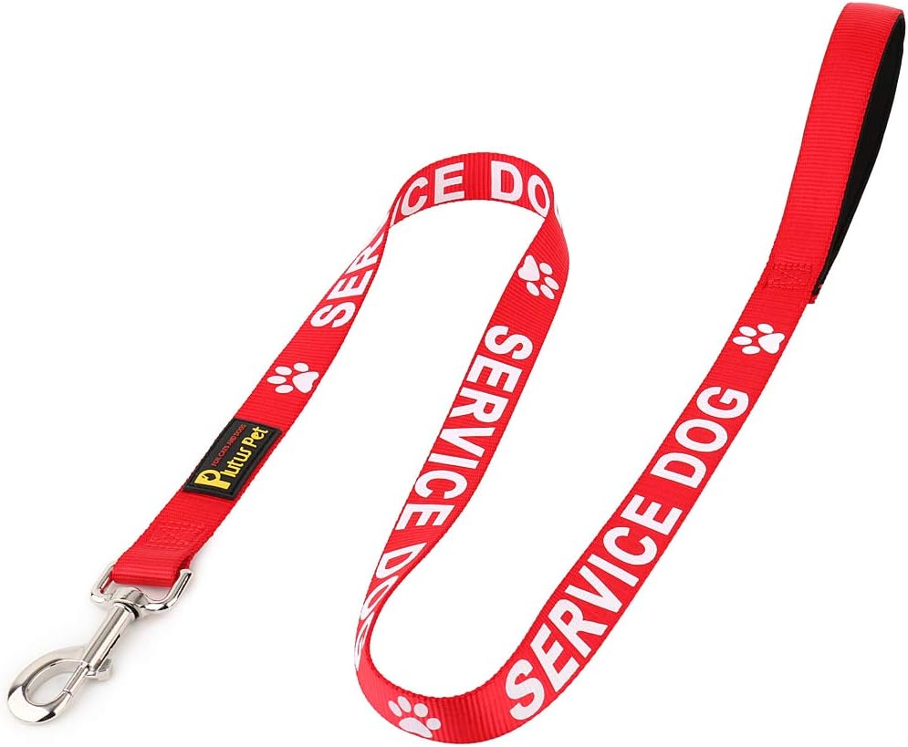 Plutus Pet Service Dog Leash with Soft Neoprene Padded Handle,Printed in Large Letters on Both Sides,4ft Long，Red，1″ Wide for Large Dogs