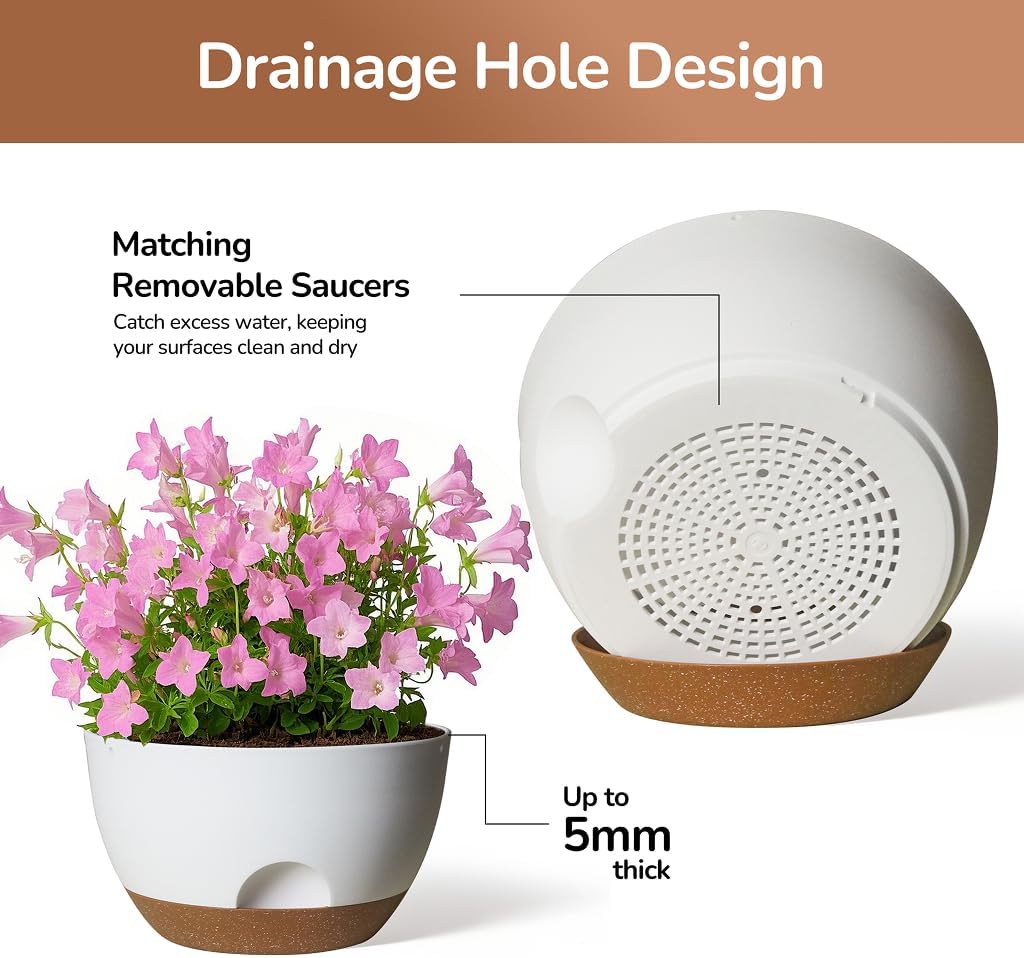 12 Inch Large Self Watering Pots, 2 Pack Plant Pots with Drainage Holes and Saucers, Self Watering Planter for Indoor Outdoor Garden Plants and Flowers (White)