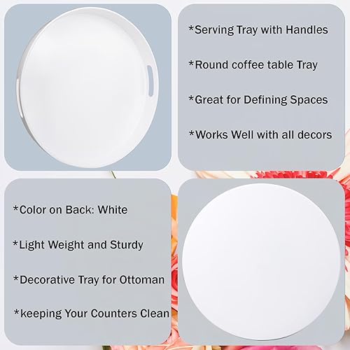 Miniatura 3 de Bandeja redonda blanca decorativa con asas, bandeja otomana versátil de 13 pulgadas para mesa de café, entretenimiento, patio al aire libre, sala de