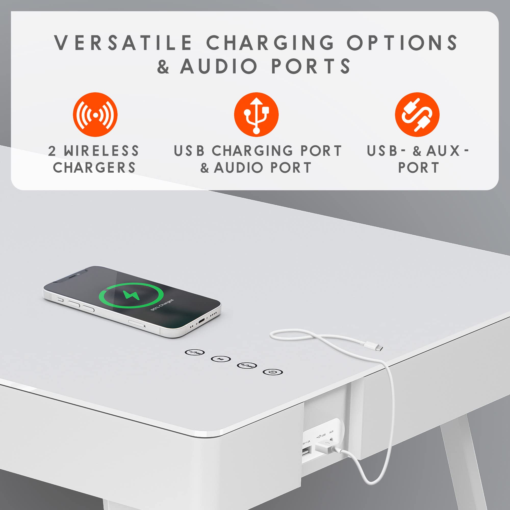 Mesa de Centro con Altavoces Bluetooth y 2 Bases Cargador Inalámbrico, Mesita de Salón de 120x60 cm con Touchpad Smart, USB C, AUX, Estación de Carga Inductiva, Blanca