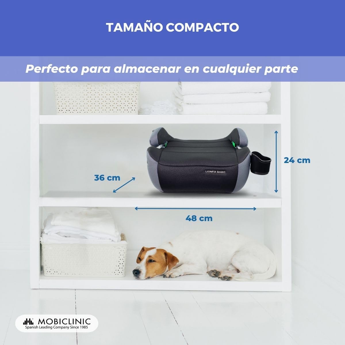 Mobiclinic®, Alzador Coche Niño, ISOFIX Regulable, I-Size ECE R129, Portabotellas Extraíble, 125-150 cm, Funda Extraíble y Lavable, 22 a 36 kg, Reposabrazos Acolchado, Lionfix Basic