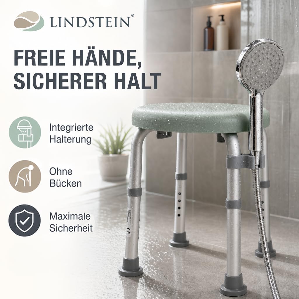 Duschhocker Duschstuhl für Senioren rutschfest | 360° drehbar mit Brausehalterung. Bis 136 kg. Höhenverstellbar. Badhocker, Hocker