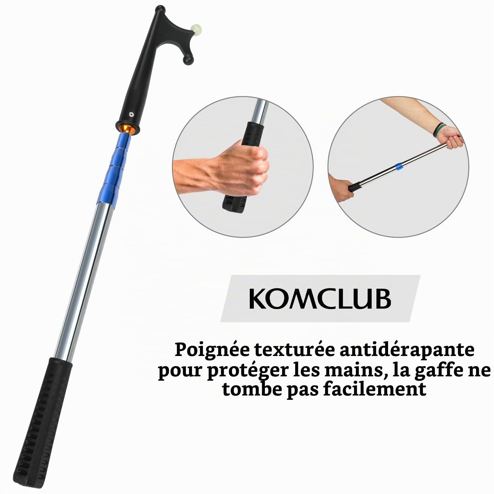 KOMCLUB Crochet de bateau télescopique de 134 cm pour fixation de barre d'extension télescopique avec perle lumineuse, légèrement flottant, poignée en caoutchouc antidérapante, durable et résistant à