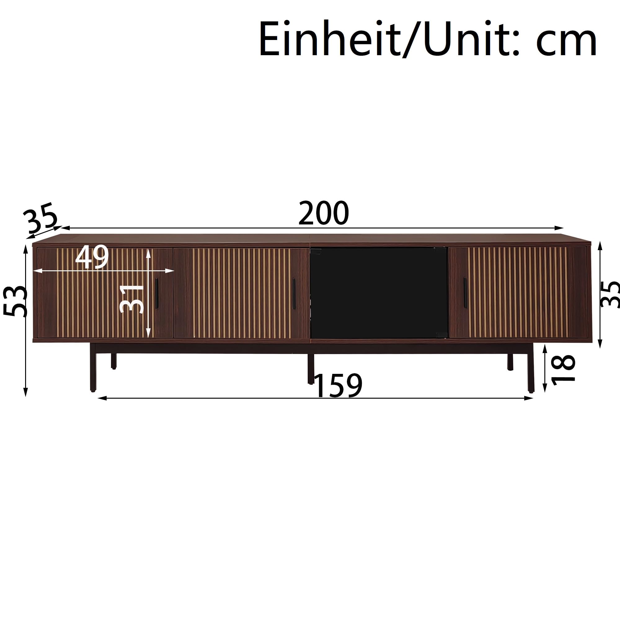 Niska szafka pod telewizor 200 cm, drewniana szafka z Bluetooth i oświetleniem LED za pomocą aplikacji, kredens, stolik pod telewizor ze szklanymi drzwiami, meble do salonu 50-59 cali orzech