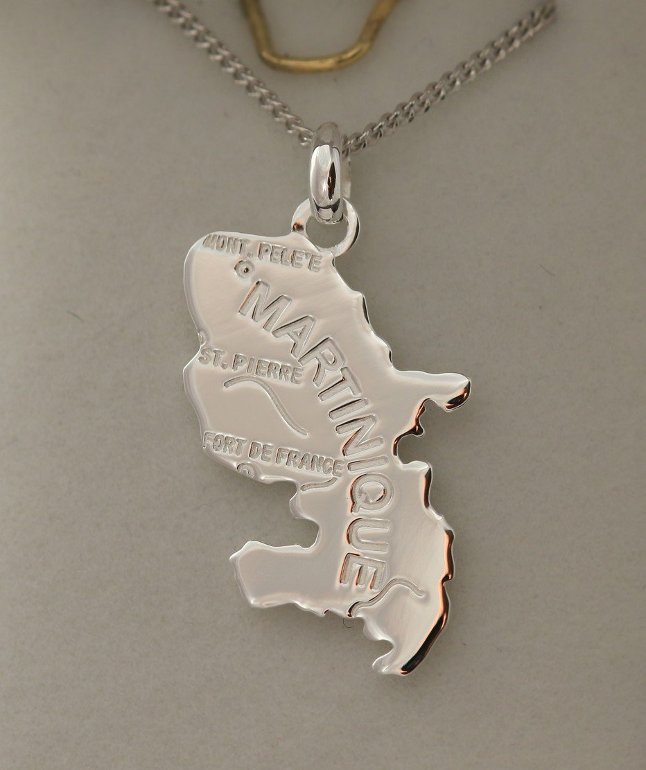 Collier 55cm - Pendentif carte martinique - en argent massif 925 - ensemble pendentif et chaine avec boite - cadeau homme