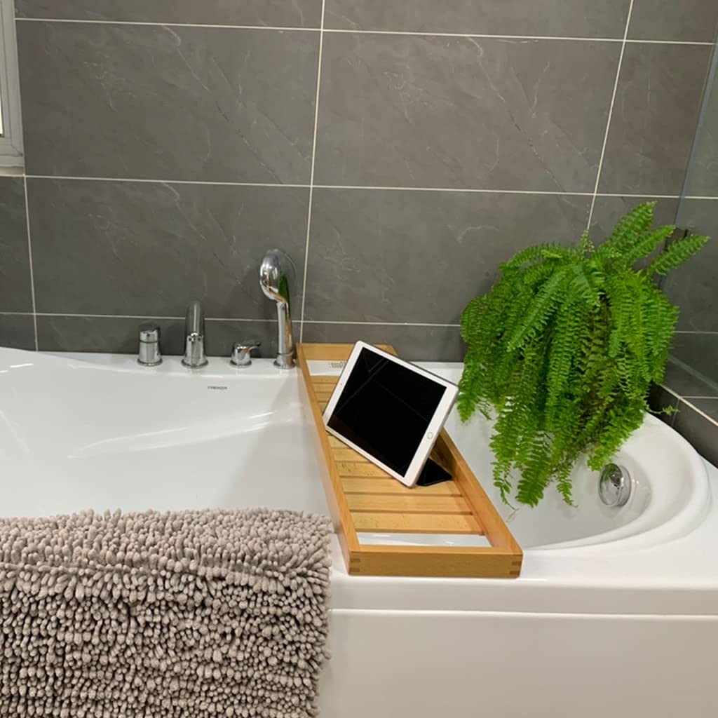 Drewniany pojemnik na wannę z długimi listwami uchwyt na wannę, wszechstronne akcesoria do półki spa, akcesoria dla kobiet, wysokiej jakości design z drewna (80 x 22 cm) dla najwyższego relaksu i