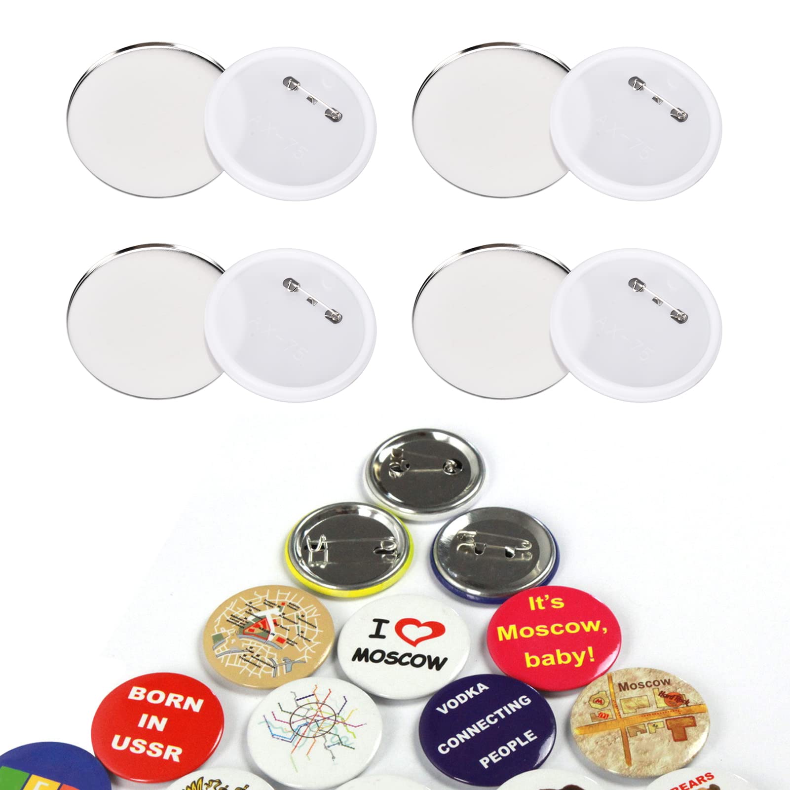 Pissente Abzeichen-Rückseite, 100 Stück Weißblech-Kunststoffbasis, Vermeiden Sie Festes DIY-Abzeichen-Werkzeug mit Metallgehäuse, Polyesterfolie für Weihnachts- und (75 mm, 100 Sätze)