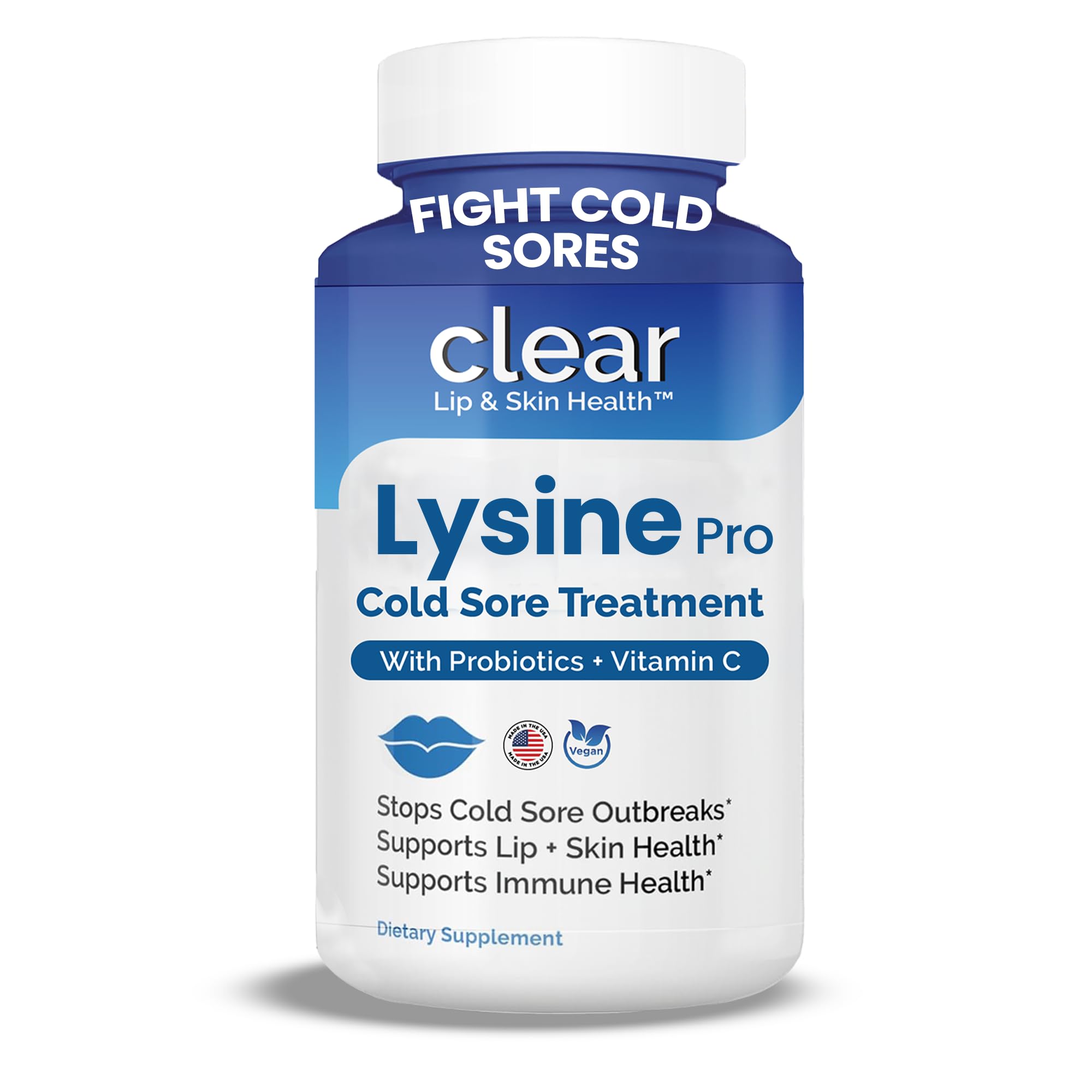 Lysine Cold Sore Treatment for Lips with Pre-Probiotics & VIT C | 1 Month Supply | Supercharged Lysine Capsules with Rhamnosus & Acidophilus for Cold Sores Relief, Skin + Gut Health & Immune Support
