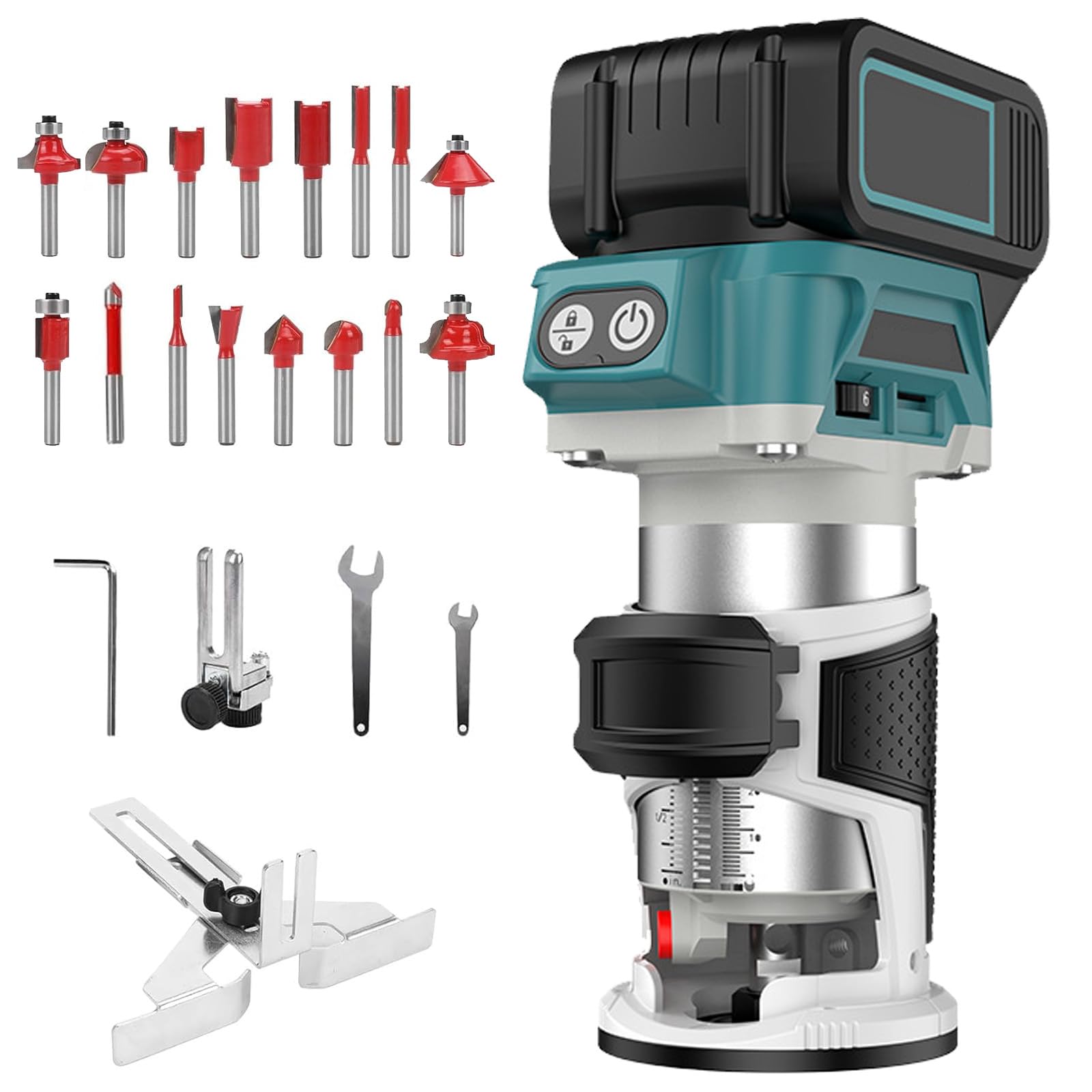 akku Makita 18V Oberfräse und bürstenloser Holztrimmer, 800W, mit 16 Stück 1/4" Hartmetall Fräser Set (ohne Akku & Ladegerät)