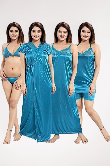 Airgear Women Nighty 6 PCS Purple Satin with Bra Panty