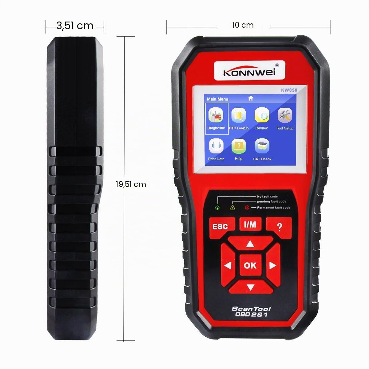 KONNWEI KW850 - Lector de códigos de auto para coche con control OBD II, con pantalla a color OBD2/EOBD y función de diagnóstico con prueba O2, I/M Readiness (rojo)