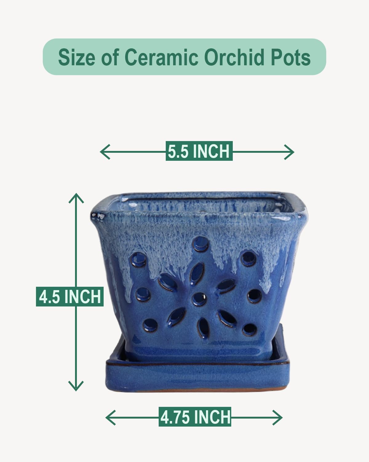 vensovo Vaso per orchidee rettangolare in ceramica, 14 cm, con fori, blu | Fioriera in ceramica per rinvasare orchidee con fori di ventilazione e drenaggio per interni ed esterni