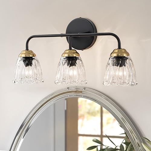 Moderna lámpara de tocador de baño, aplique de pared de 3 luces, marco de metal negro con detalles de latón, pantallas de vidrio ondulado
