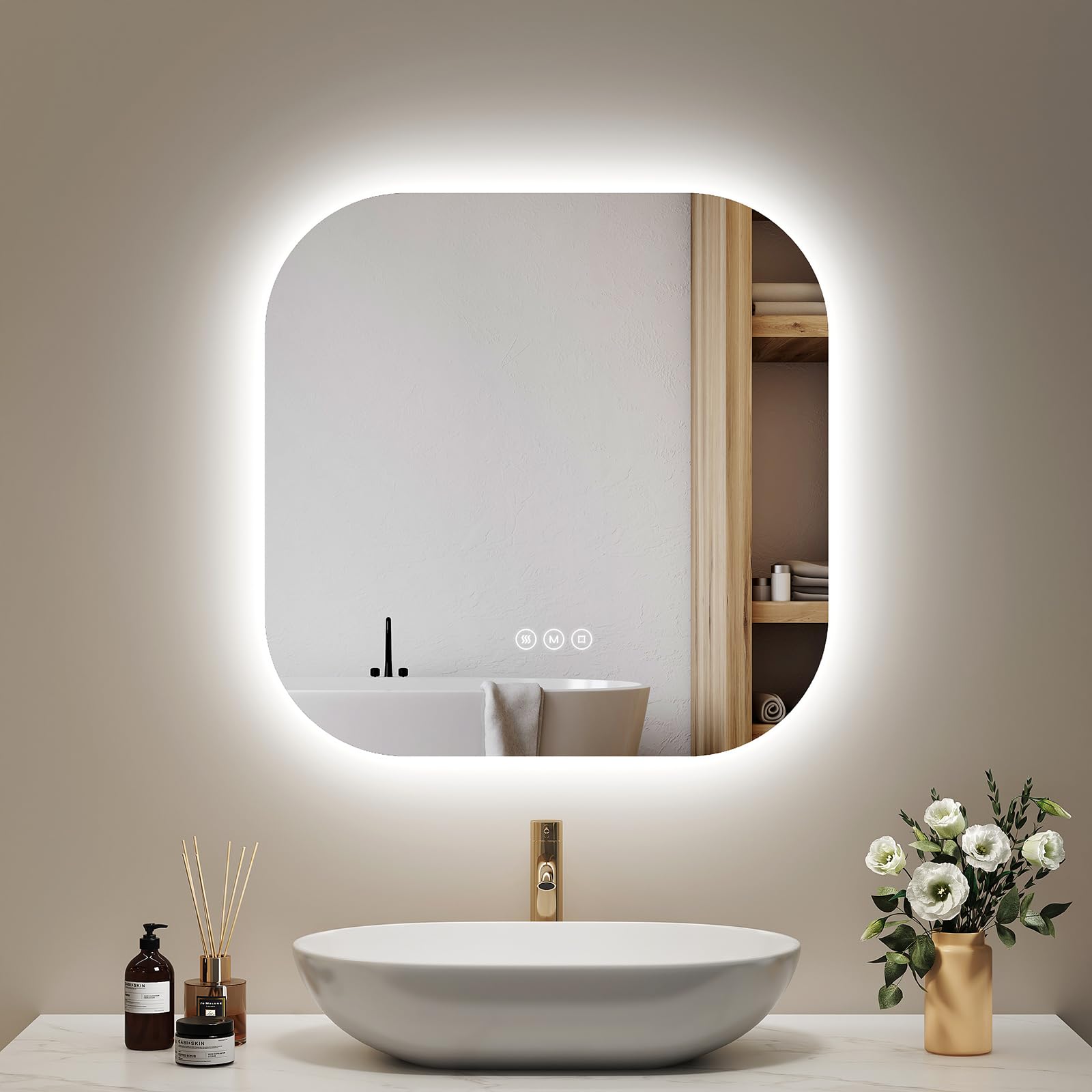 EMKE Specchio da bagno con illuminazione 60x60 cm, Anti-Appannamento, 3 colori di luce regolabili, luminosità regolabile, funzione memoria, risparmio energetico, Specchio LED Quadrato