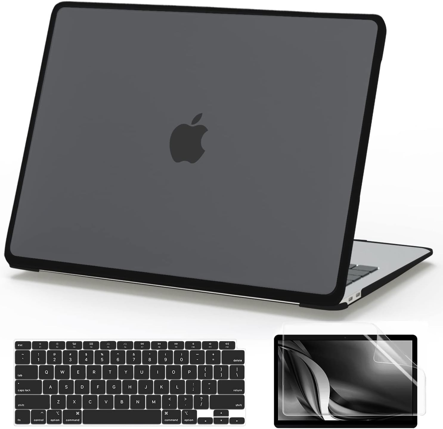 AKIT Compatible with MacBook Air 13 Inch Case 2022 2021 2020 2019 2018 Release M1 A2337 A2179 A1932, Anti-Cracking Plastic Hard Shell Case with TPU Bumper & Screen Protector & Keyboard Cover, Black