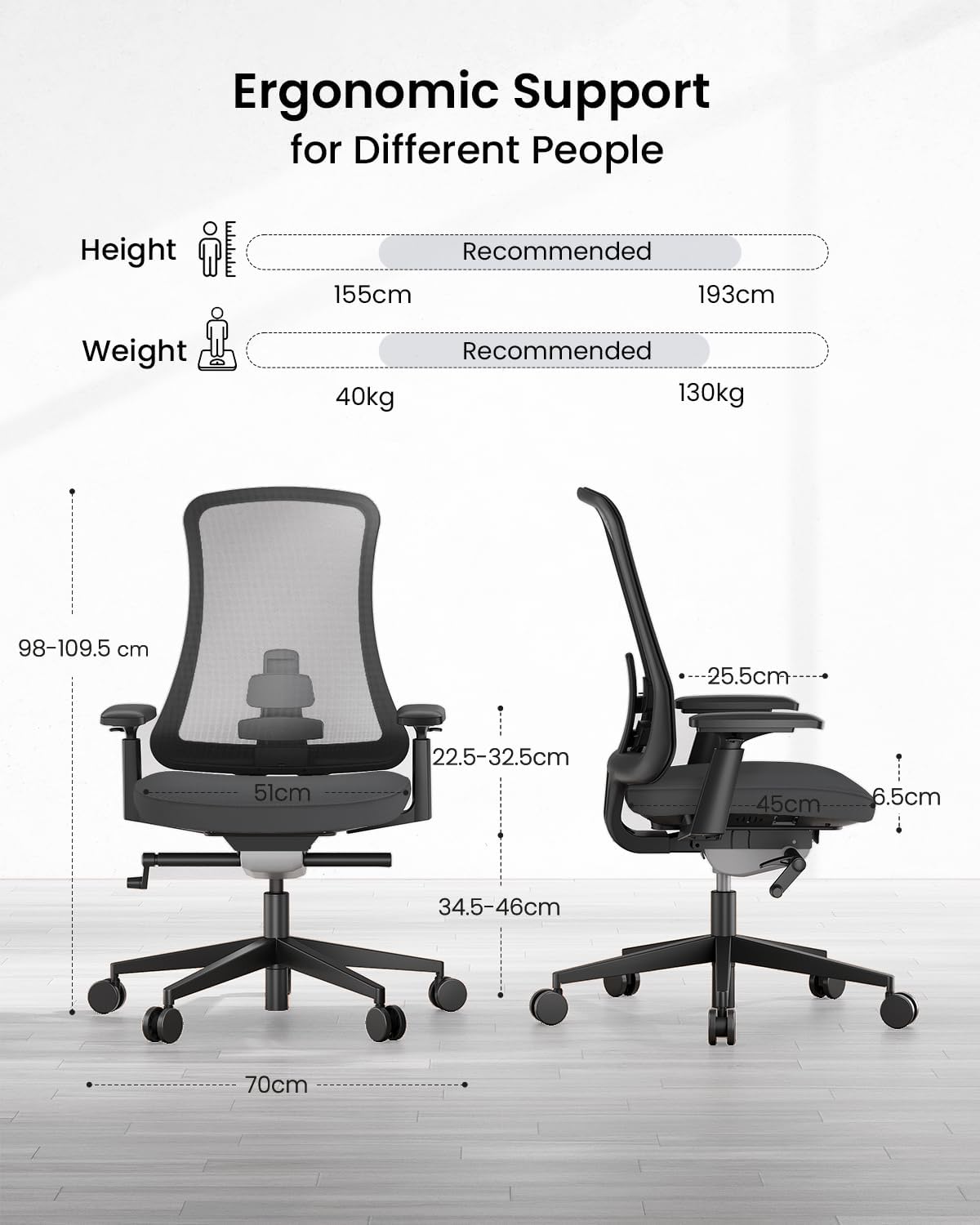 ProtoArc Ergonomiczne krzesło biurowe – Flexer Pro nylonowe oddychające krzesło siatkowe, dwuczęściowe regulowane podparcie lędźwiowe, regulowane podłokietniki 4D, krzesło komputerowe do domu / biura
