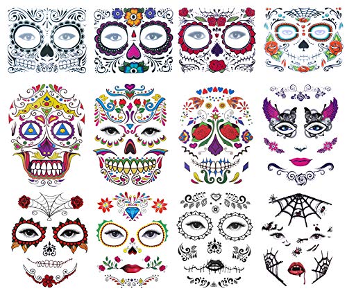 12 Kits Day of the Dead Sugar Skull Temporary Face Tattoo Makeup Tattoo for Men and Women