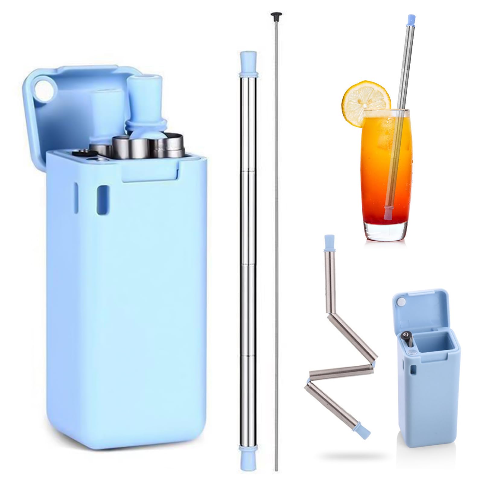 Reusable Telescopic Straw, Single Foldable Stainless Steel Drinking Straw with Blue Case, Collapsible Metal Straw with Cleaning Brush & Keychain, Eco-Friendly Portable Straw for Travel (1)