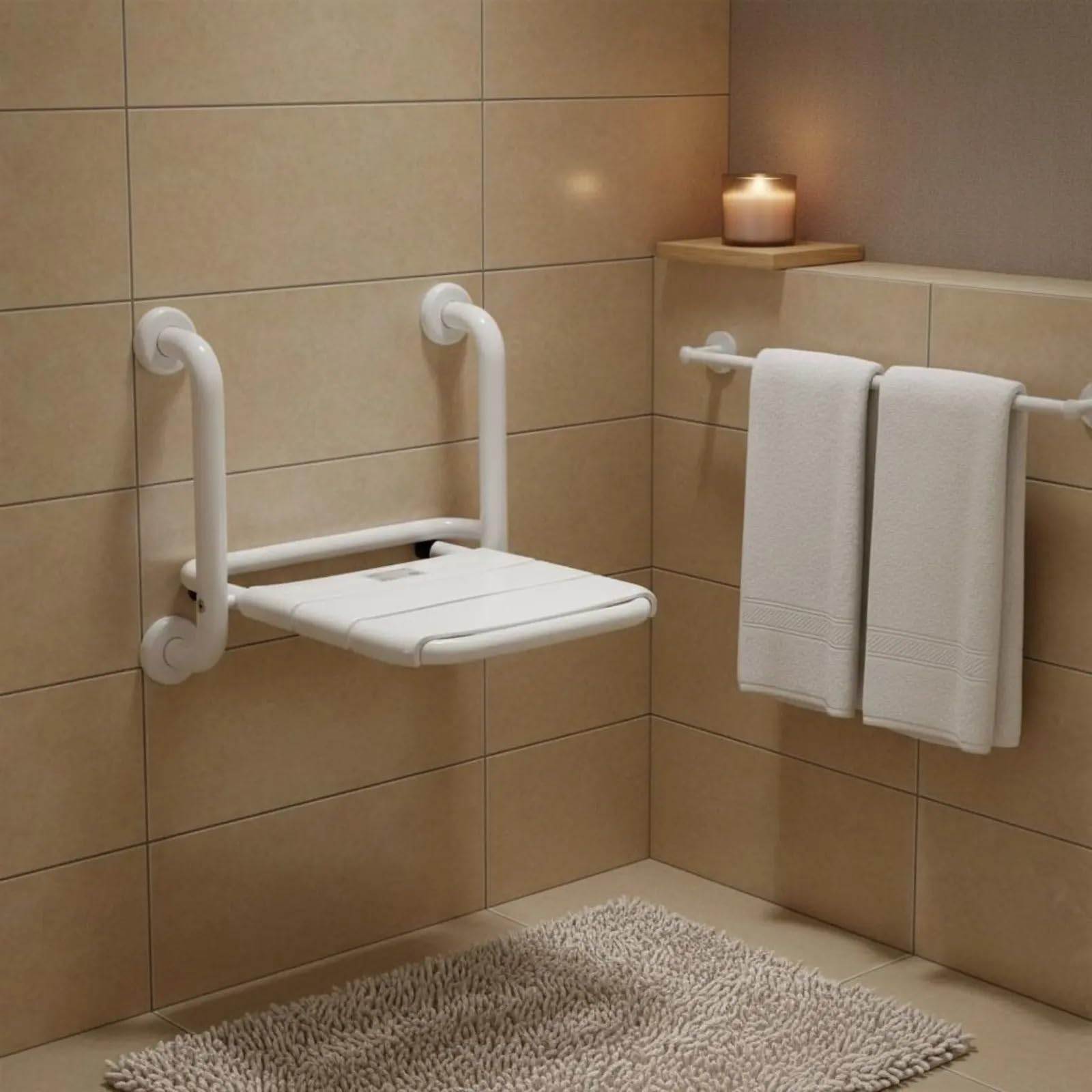 Asiento Ducha Pared Montada Asiento de Ducha montado en la Pared | Trabajo resistente plegable de los apoyabrazos plegables del baño del banco plegable a prueba de herrumbre(Yellow)