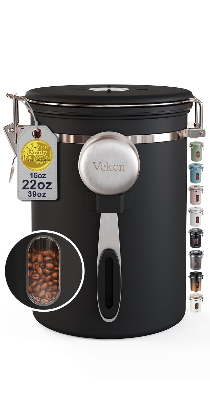 Veken Coffee Canister with Window,Airtight Stainless Steel Pantry Container,Kitchen Food Storage Organizers for Beans,Ground,Espresso,Rice,Tea,Sugar, Cereal, Bar Accessories,Gifts,Lids,Jars,22OZ,Black