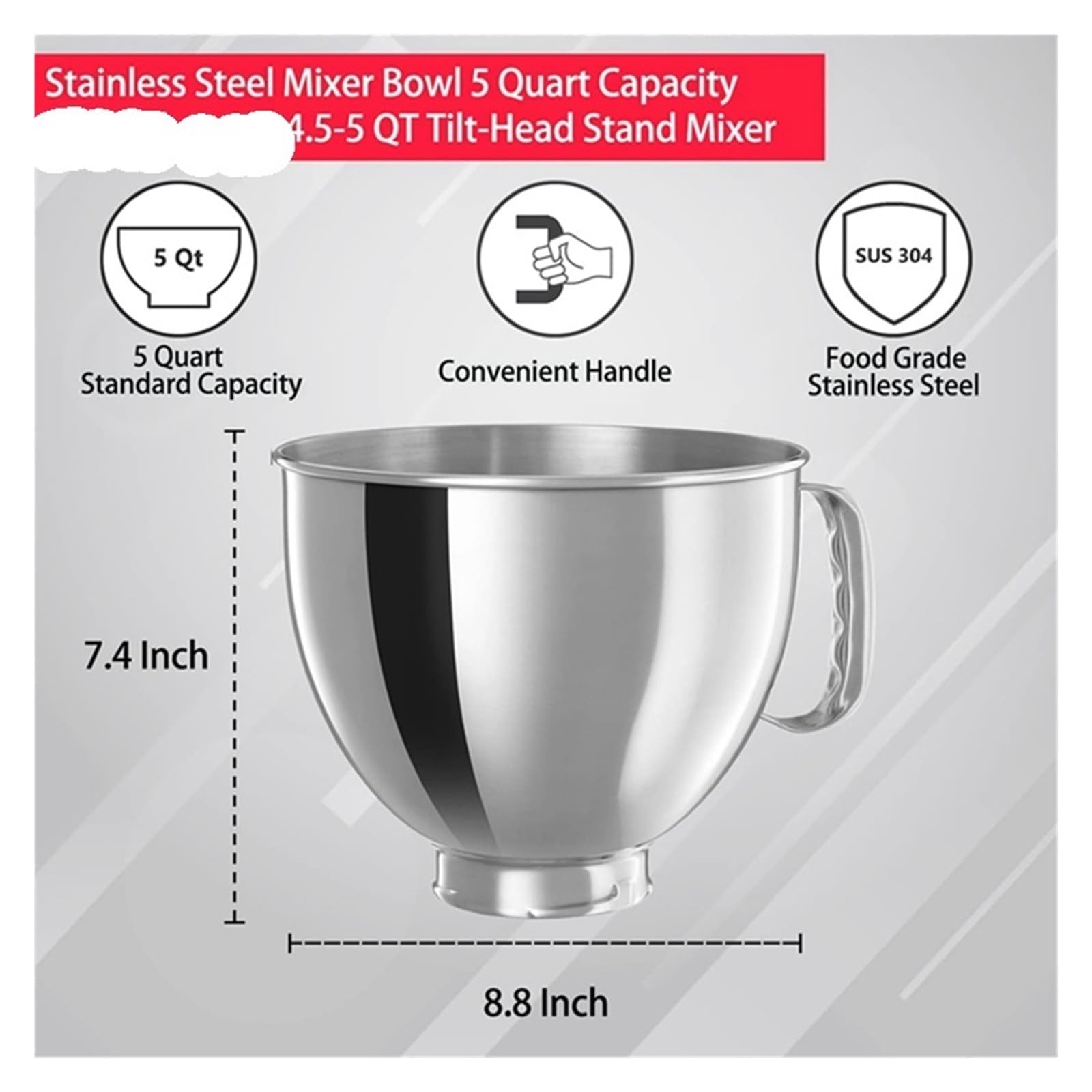 Wysokiej jakości miska miksera ze stali nierdzewnej 304 do KitchenAid Classic & Artisan Series 4.5QT/5QT – nadaje się do mycia w zmywarce, idealna do pieczenia i gotowania