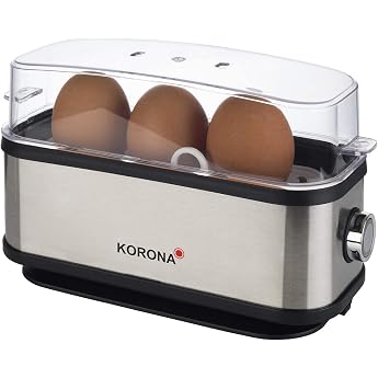 Korona 25304 Egg Cooker 1 to 3 Eggs Single Egg Cooker Stainless Steel Housing with Egg Holder Measuring Cup and Egg Cutter 210 Watt Silver Black